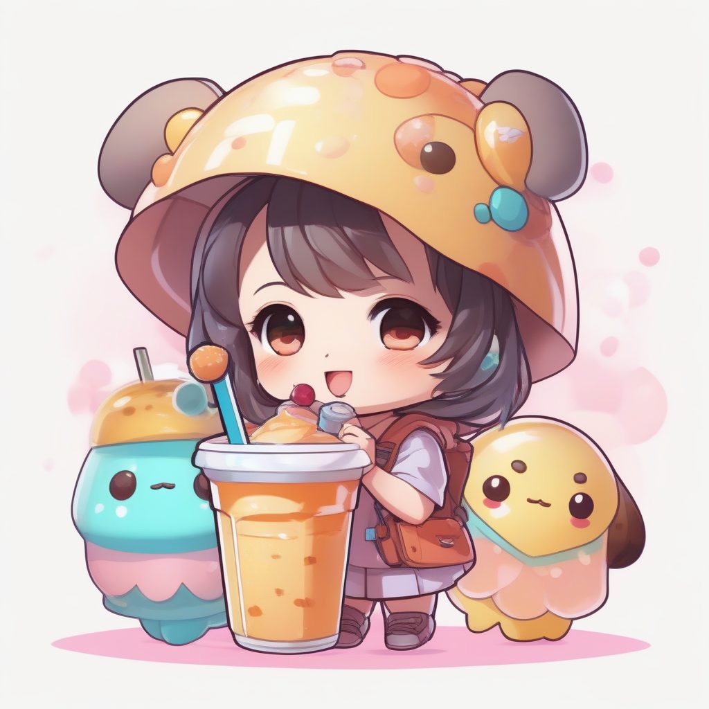 日系动漫风Q版吃货女孩：高饱和度全身特写卡片AI提示词