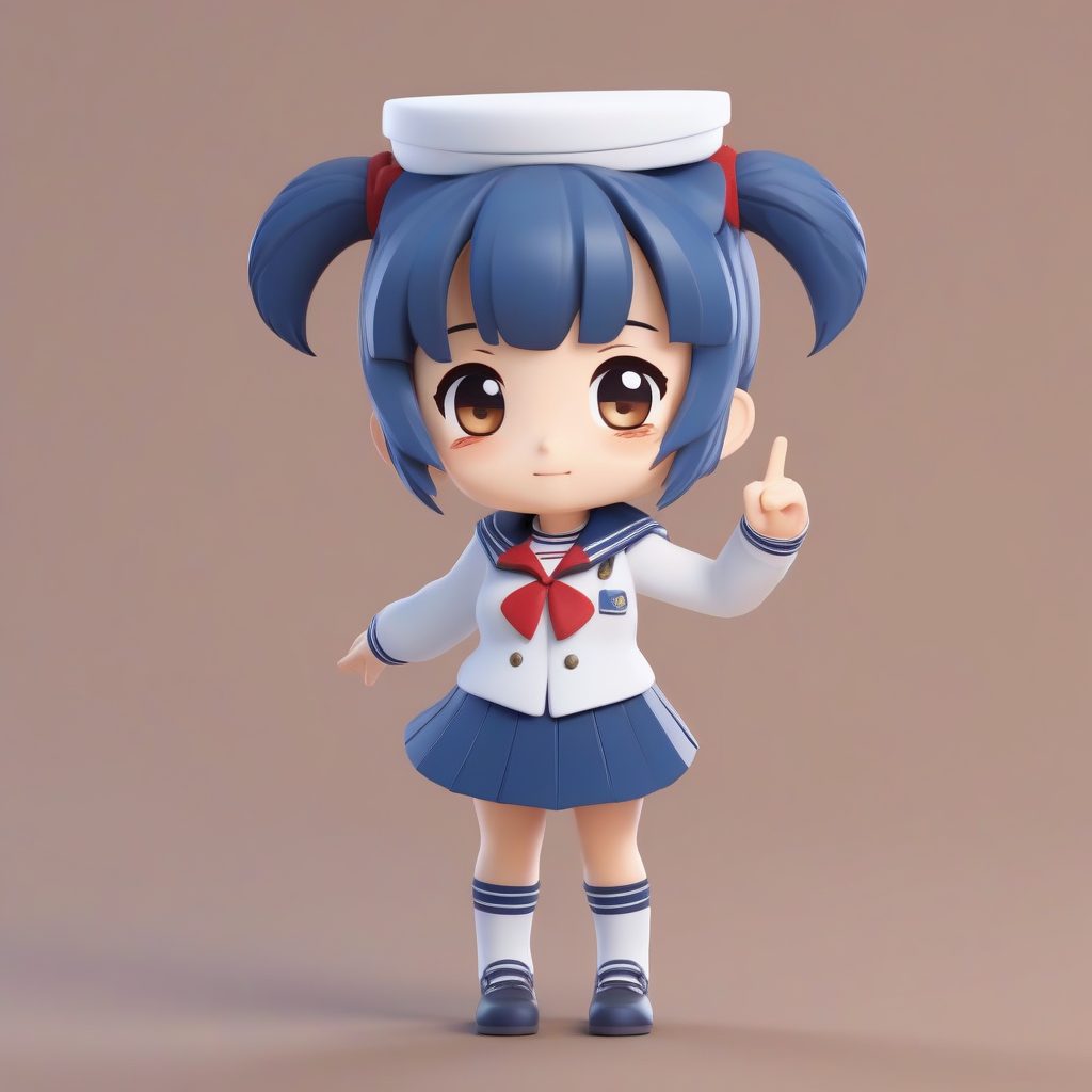 日系水手服Q版少女盲盒：C4D高细节全身渲染，纯净天蓝色背景