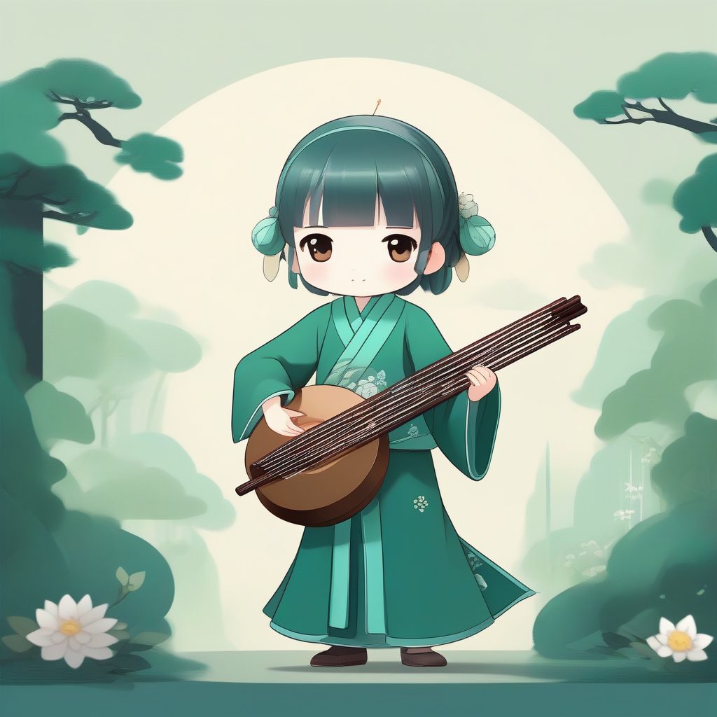 柔光Q版古风乐师：琵琶弹奏者全身立绘，意境唯美提示词