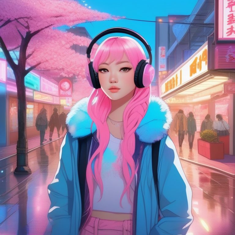 柔和都市流行风的樱花女孩街景