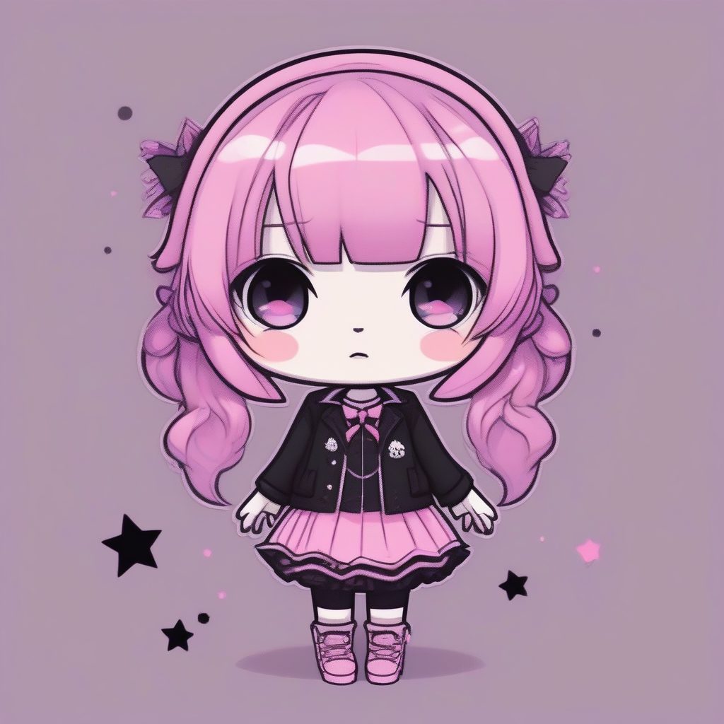 柔和哥特Q版时尚：黑色基底与粉色点缀，柔和丁香紫背景