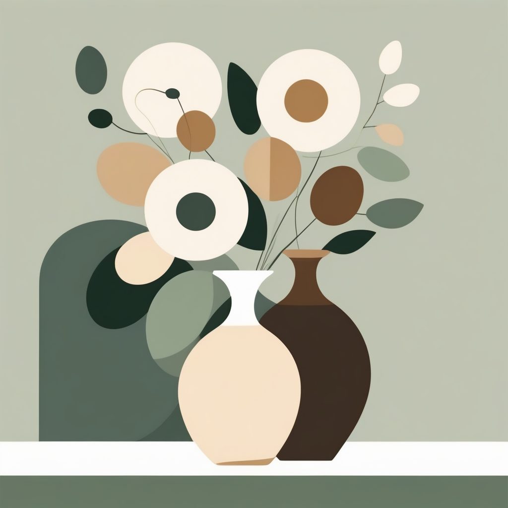 柔和奶油色调的极简抽象花瓶静物画：2D向量