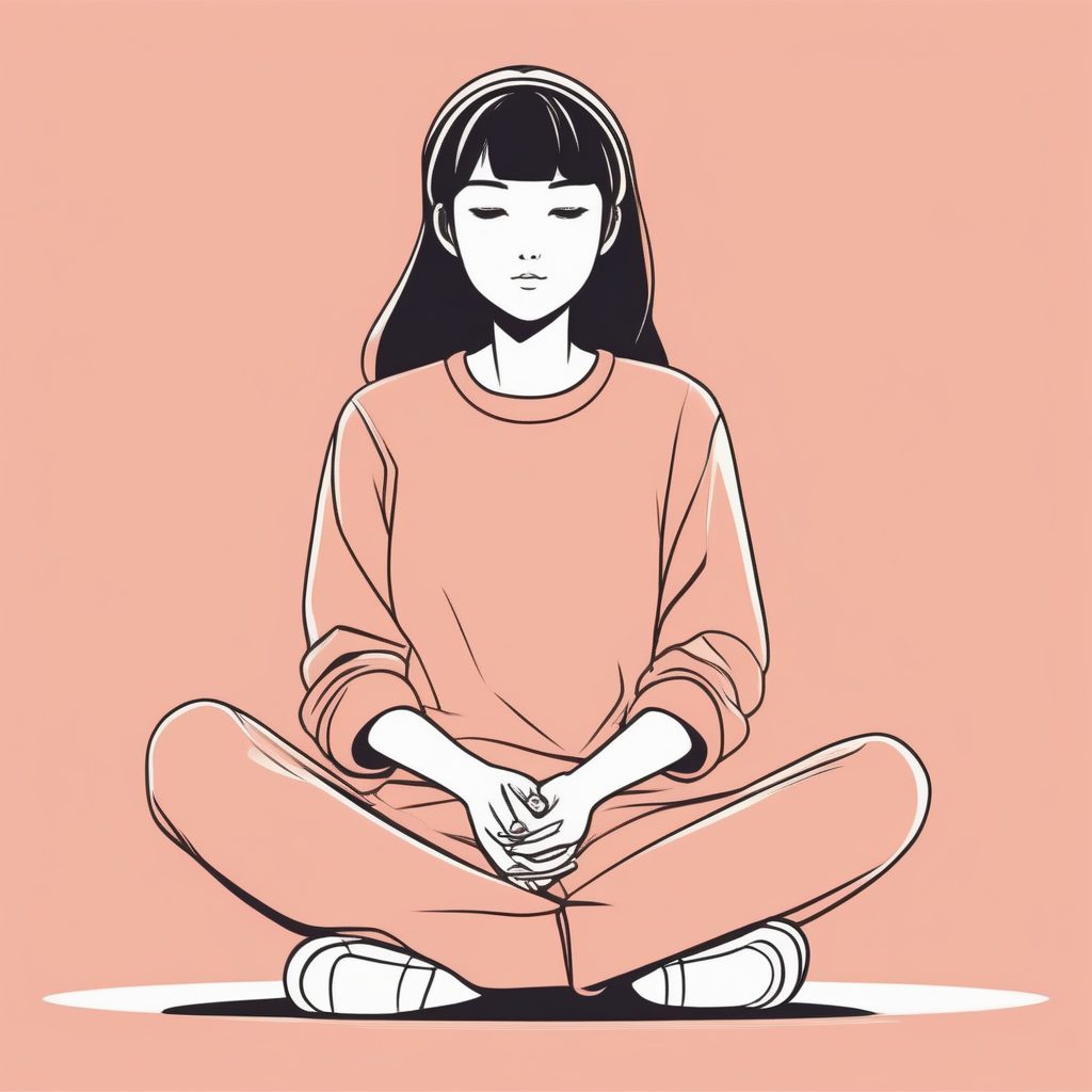 柔和三文鱼色背景：盘腿而坐的好奇极简女孩全身图