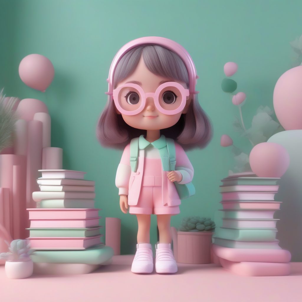 柔和色书虫Q版女孩：C4D景深聚焦，极简背景渲染