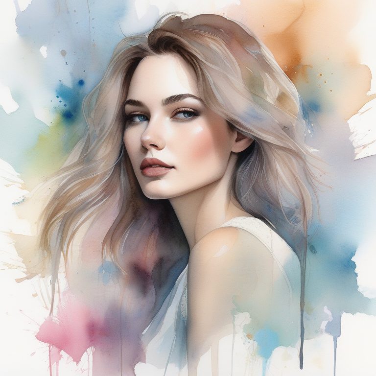 柔和水彩时尚肖像配彩色泼墨