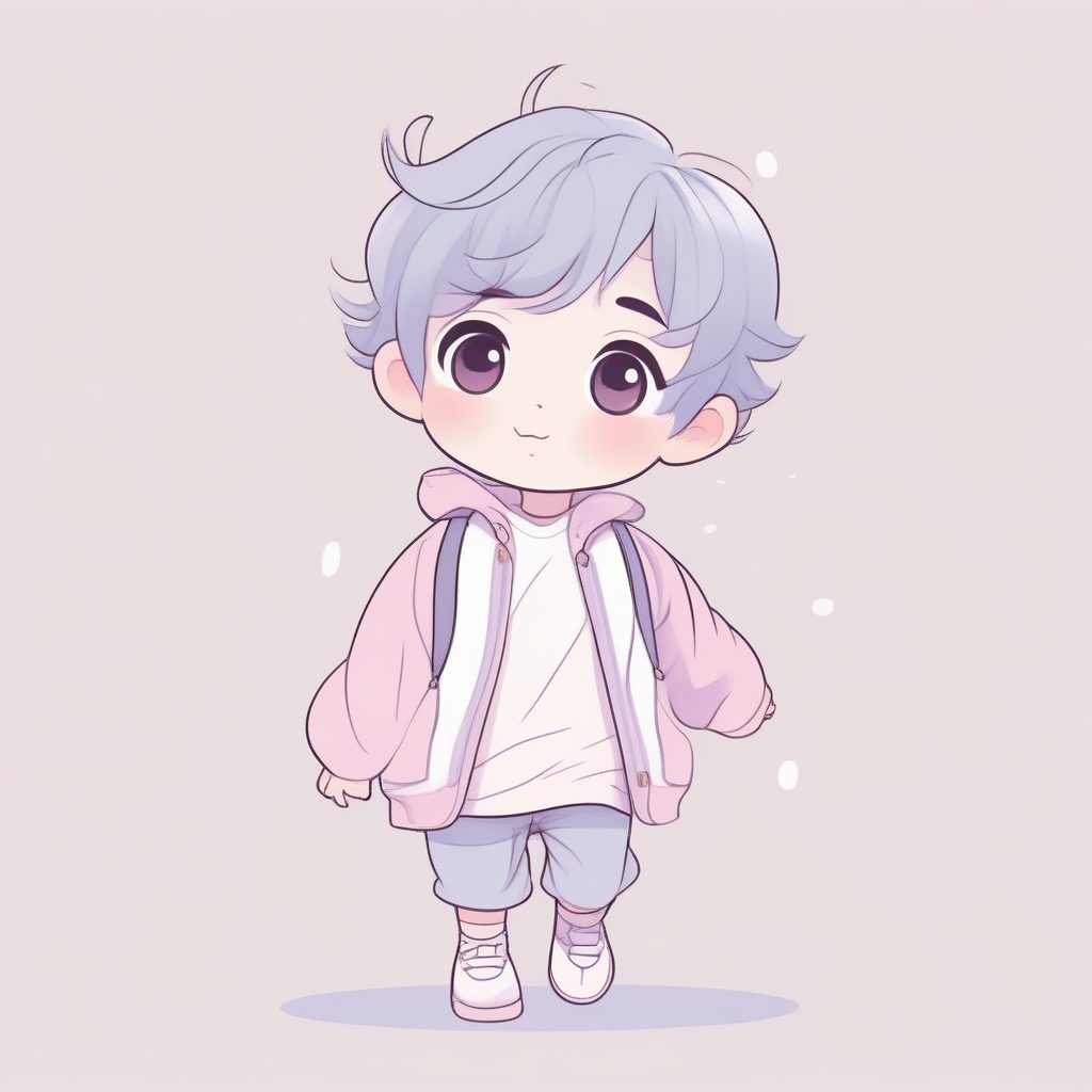 柔和线条艺术：Q版男孩夸张旋转动态全身插画