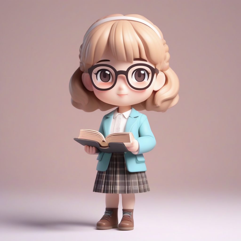 柔和学院风Q版公主:粘土材质渲染,粉彩格纹高细节8K