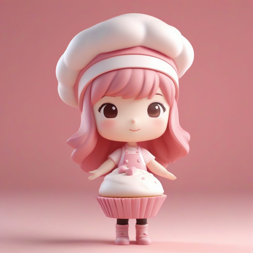 柔焦粉彩Q版面包师：3D盲盒手办，巨型杯子蛋糕细节渲染