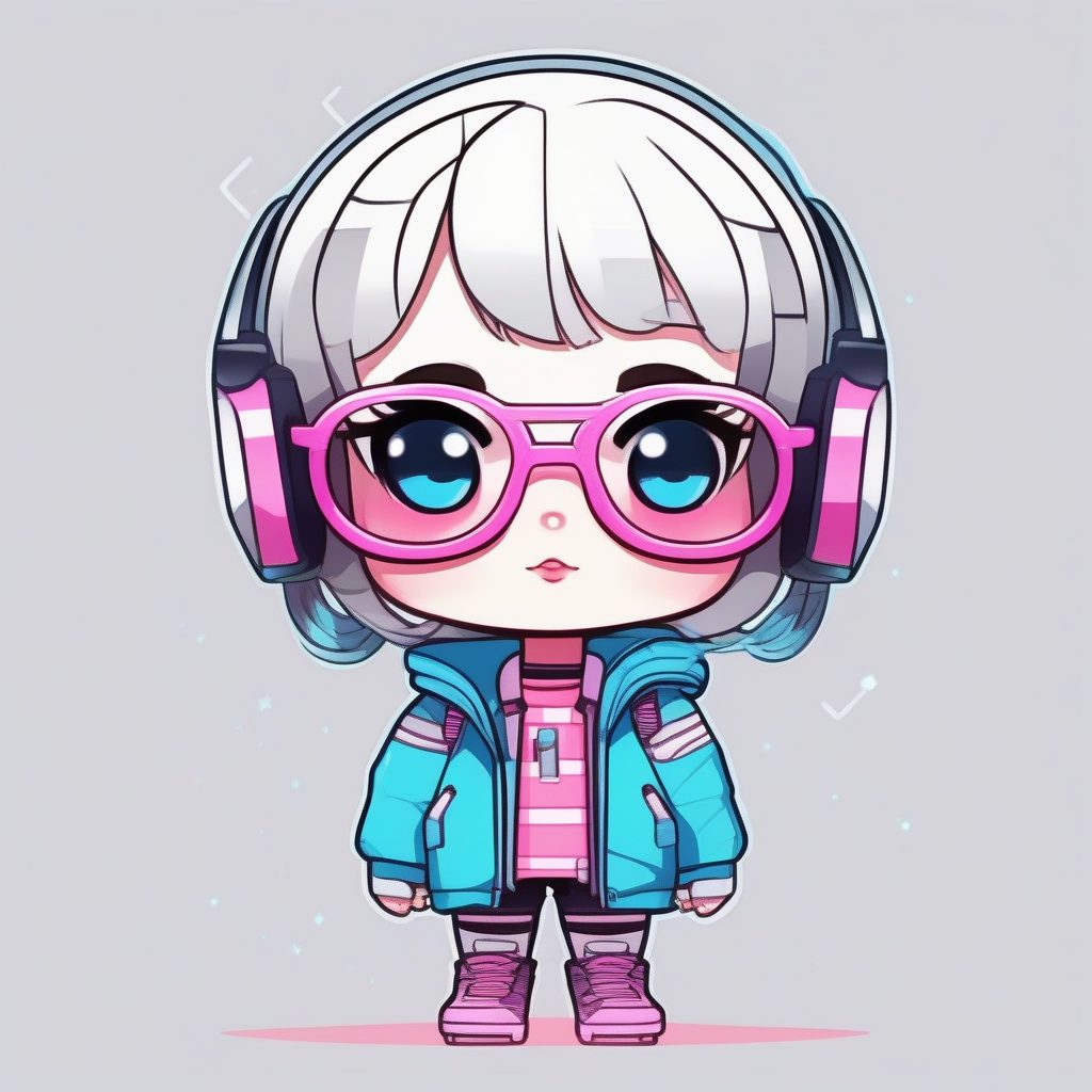 软赛博朋克:极简动漫Q版女孩纯色背景全身像