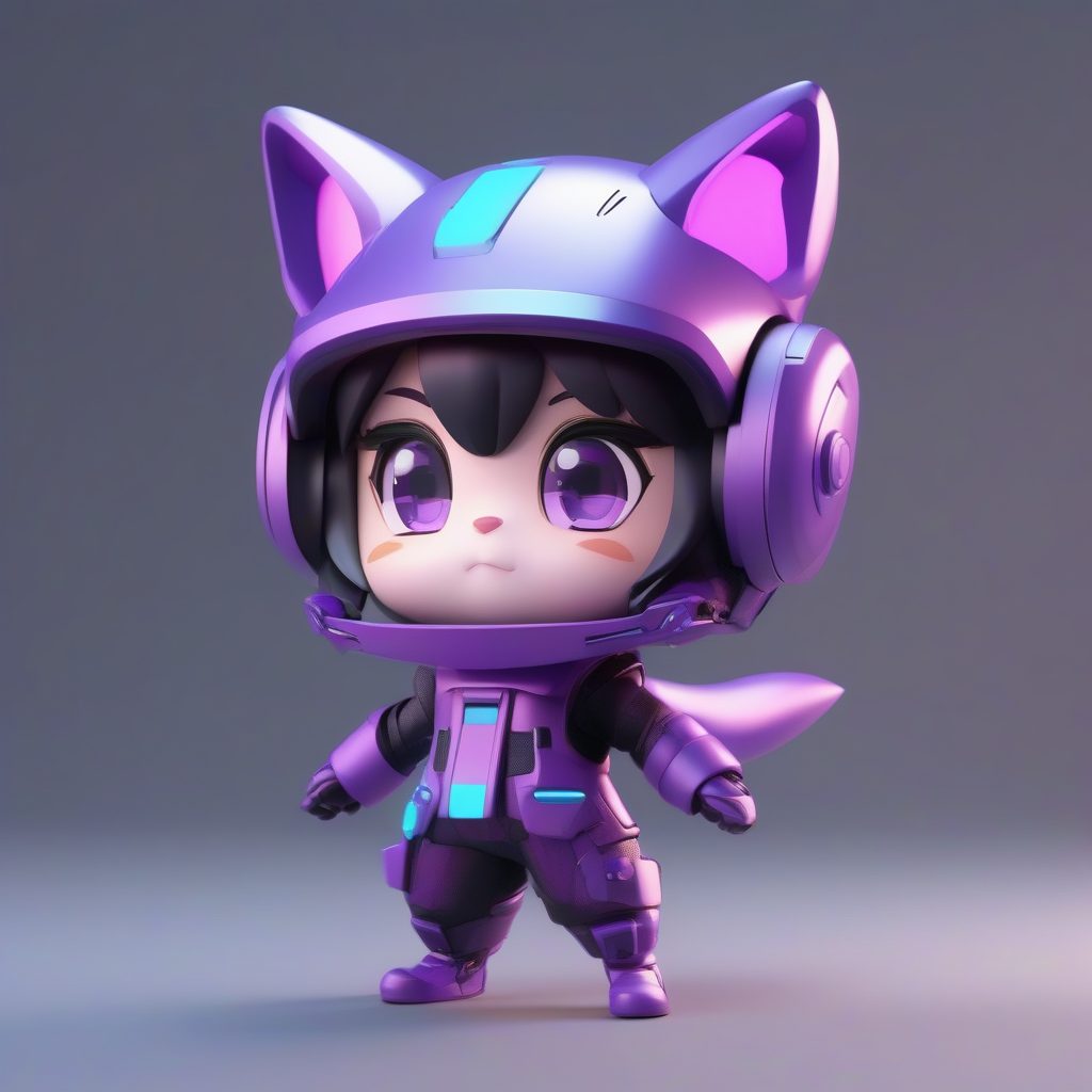 赛博科技风猫耳娘：高光追踪效果3D Q版全身站立提示词