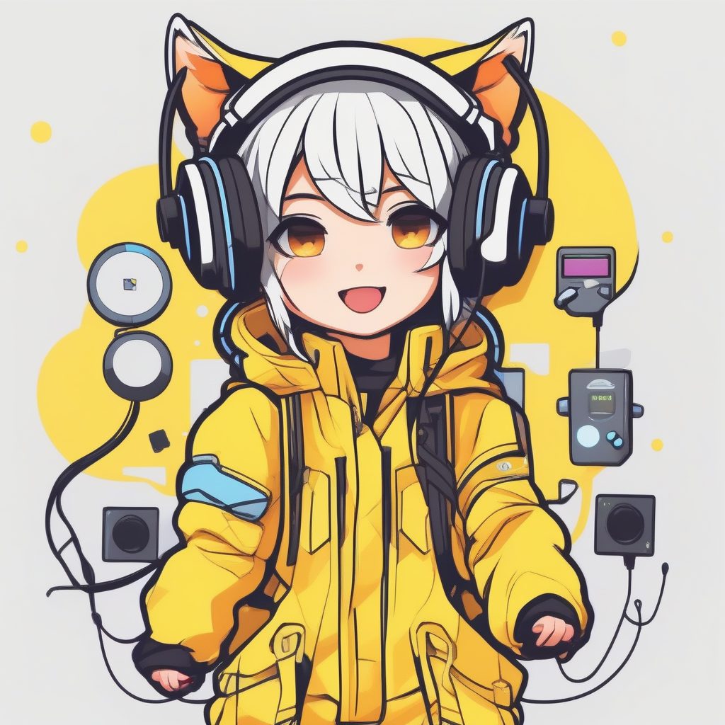 赛博猫耳Q版少女：扁平化设计，全身站立纯黄背景AI提示词