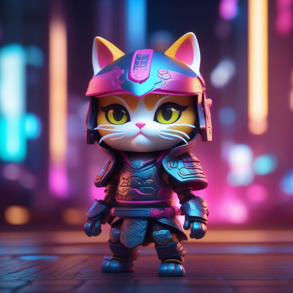 赛博猫咪武士：未来都市风盲盒手办，炫彩光泽感