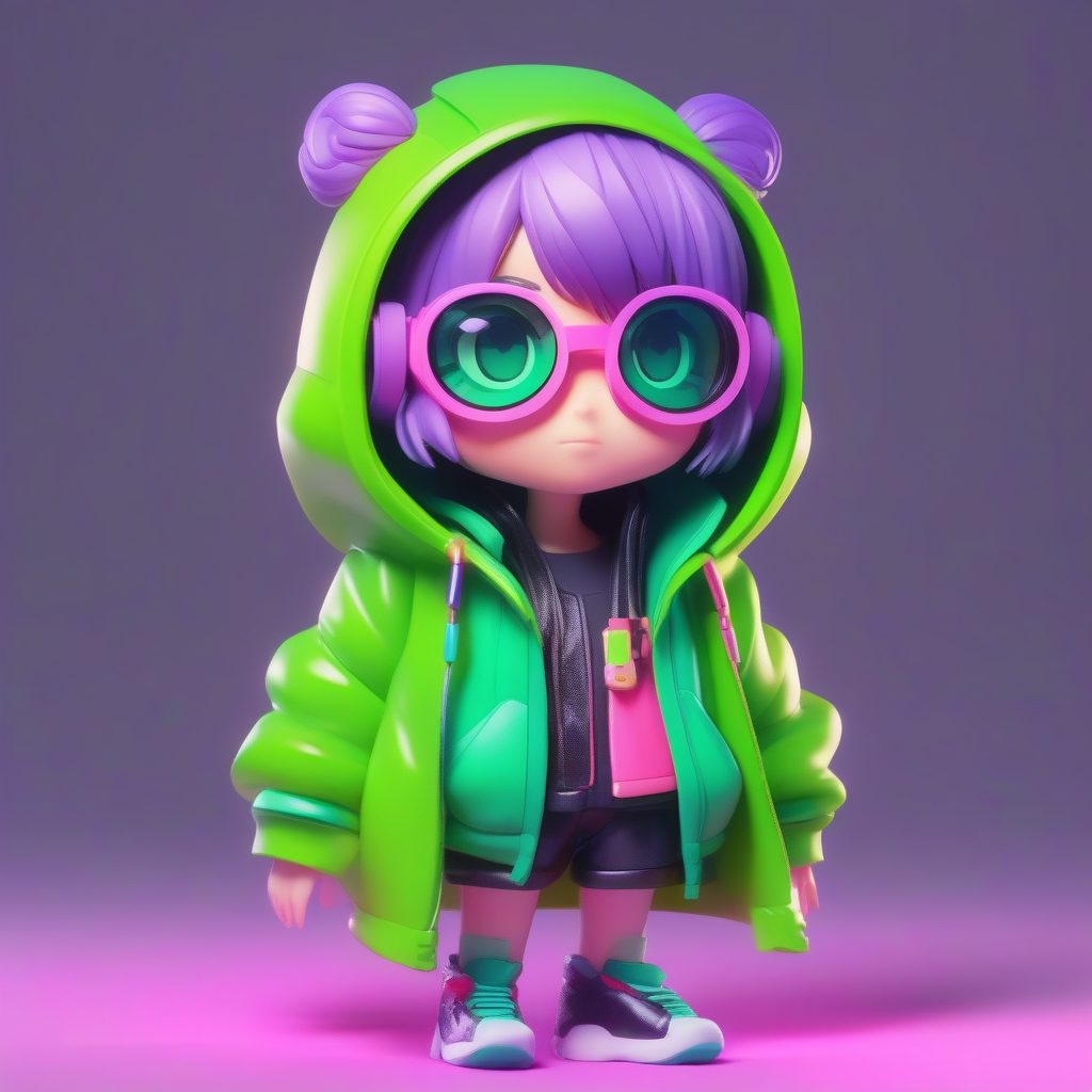 赛博朋克风Q版潮酷少女：全身站立、高细节光追渲染AI提示词