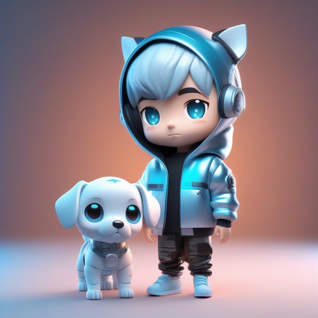 赛博朋克风Q版盲盒男孩：银发少年与机械狗伴侣的C4D 3D渲染全身站立照