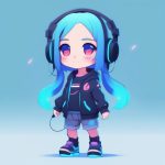 赛博朋克风Q版女孩:霓虹色与耳机,柔和电光蓝背景渲染 5 sai bo peng ke feng q ban nyu hai ni hong se yu er ji rou he dian guang lan bei jing xuan ran