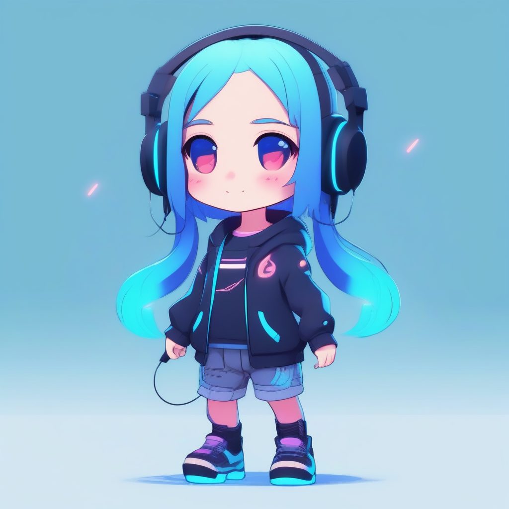 赛博朋克风Q版女孩：霓虹色与耳机，柔和电光蓝背景渲染