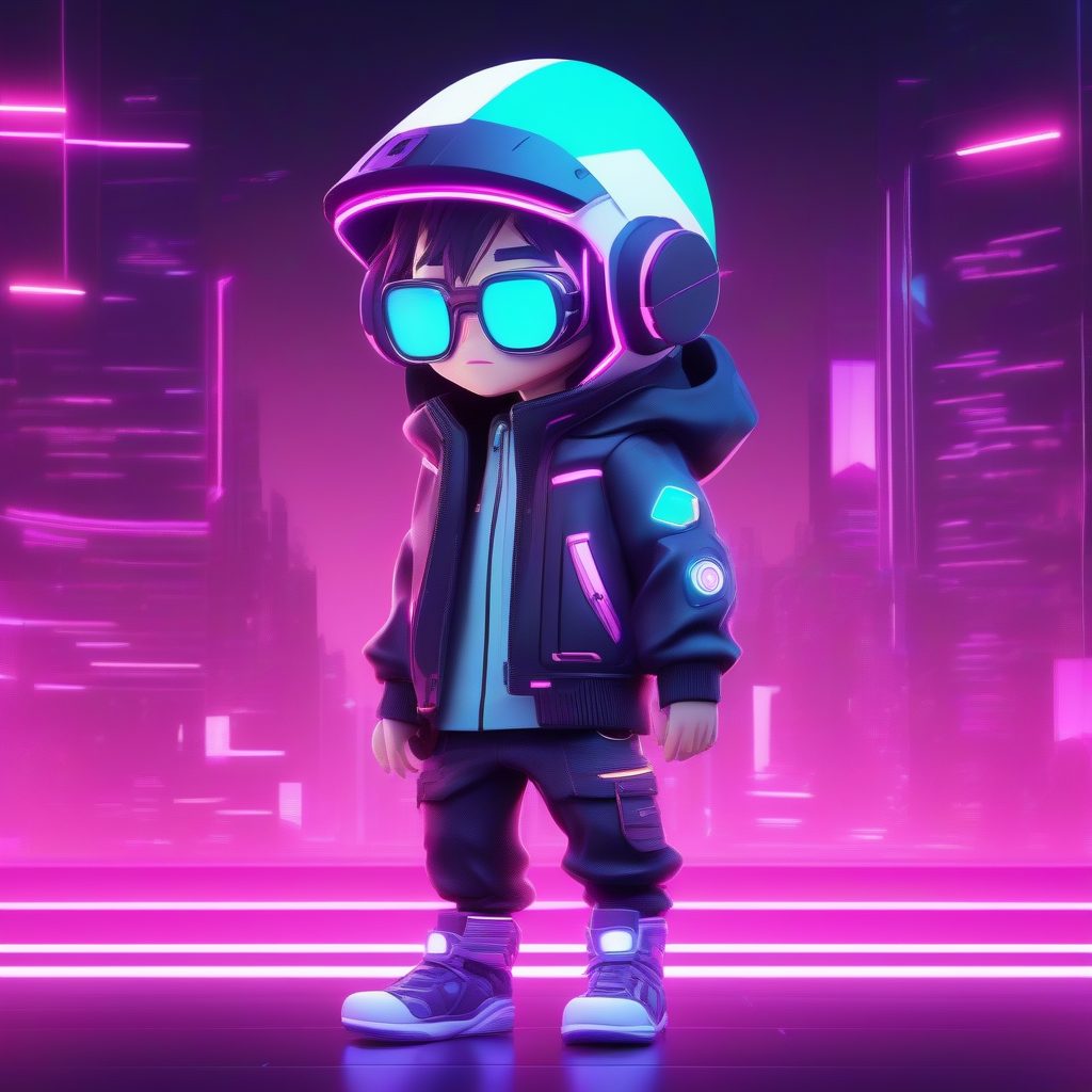 赛博朋克黑客Q版男孩：霓虹灯效与纯色背景手办风格