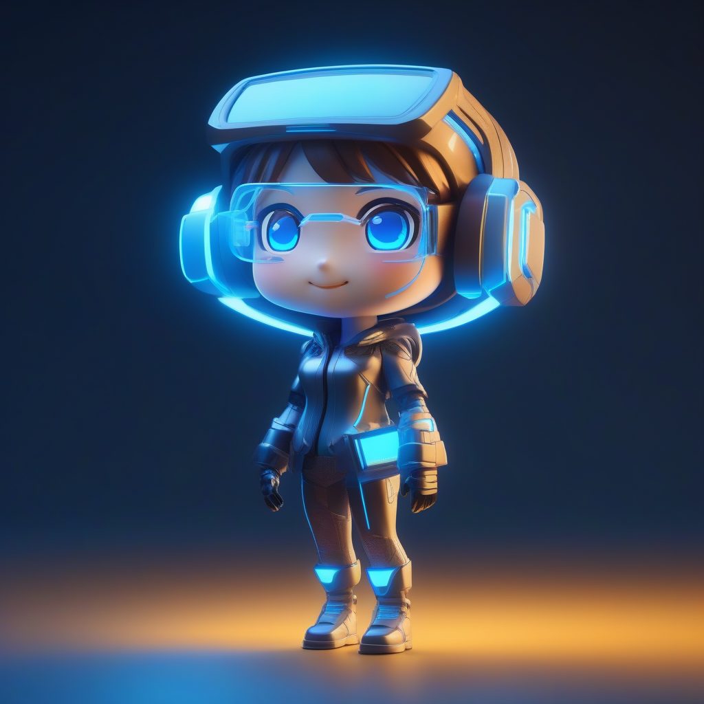 赛博朋克Q版技师：高抛光3D模型全身照，电光蓝极简背景