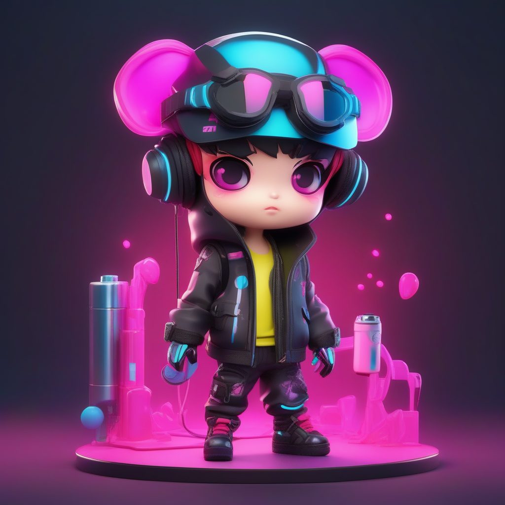 赛博朋克Q版街头艺术家男孩手办：C4D Octane霓虹金属渲染提示词