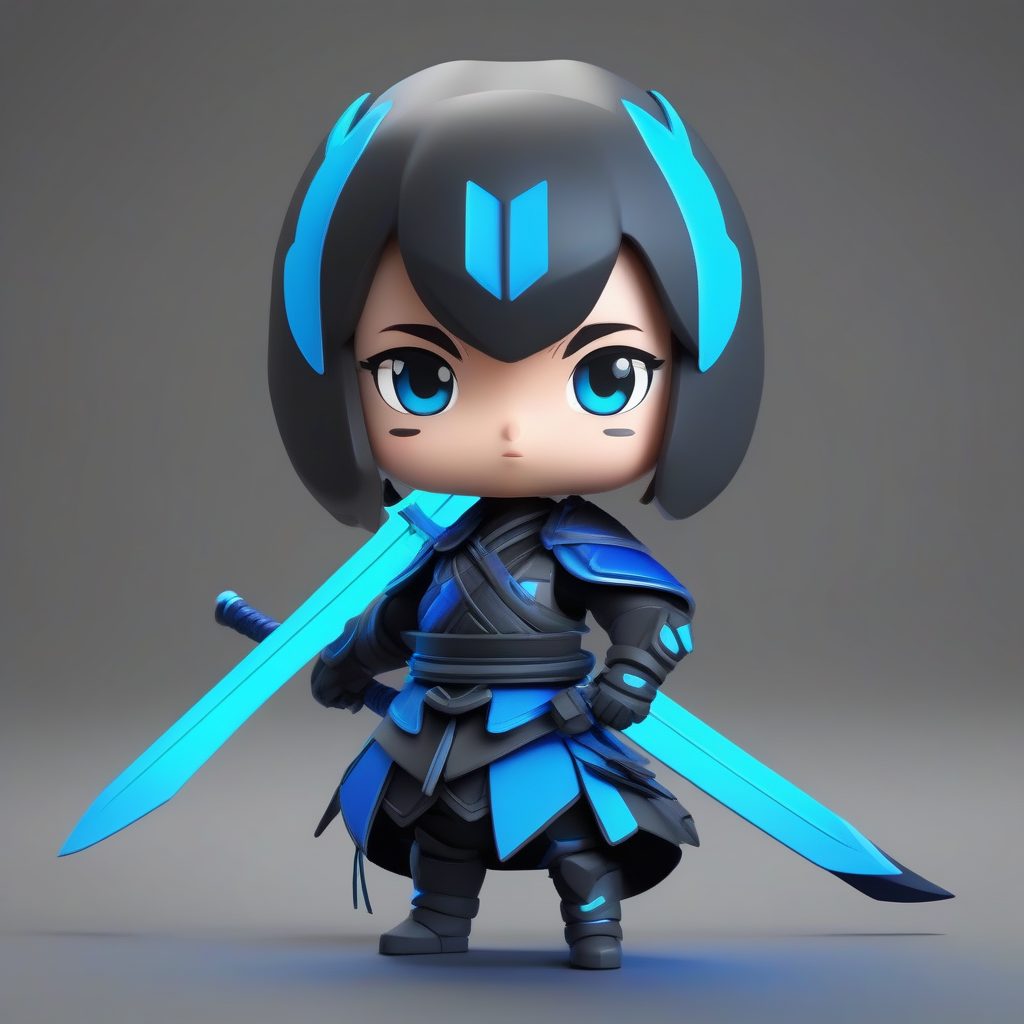 赛博朋克Q版武士：霓虹发光C4D全身盲盒渲染，高对比度灰色背景