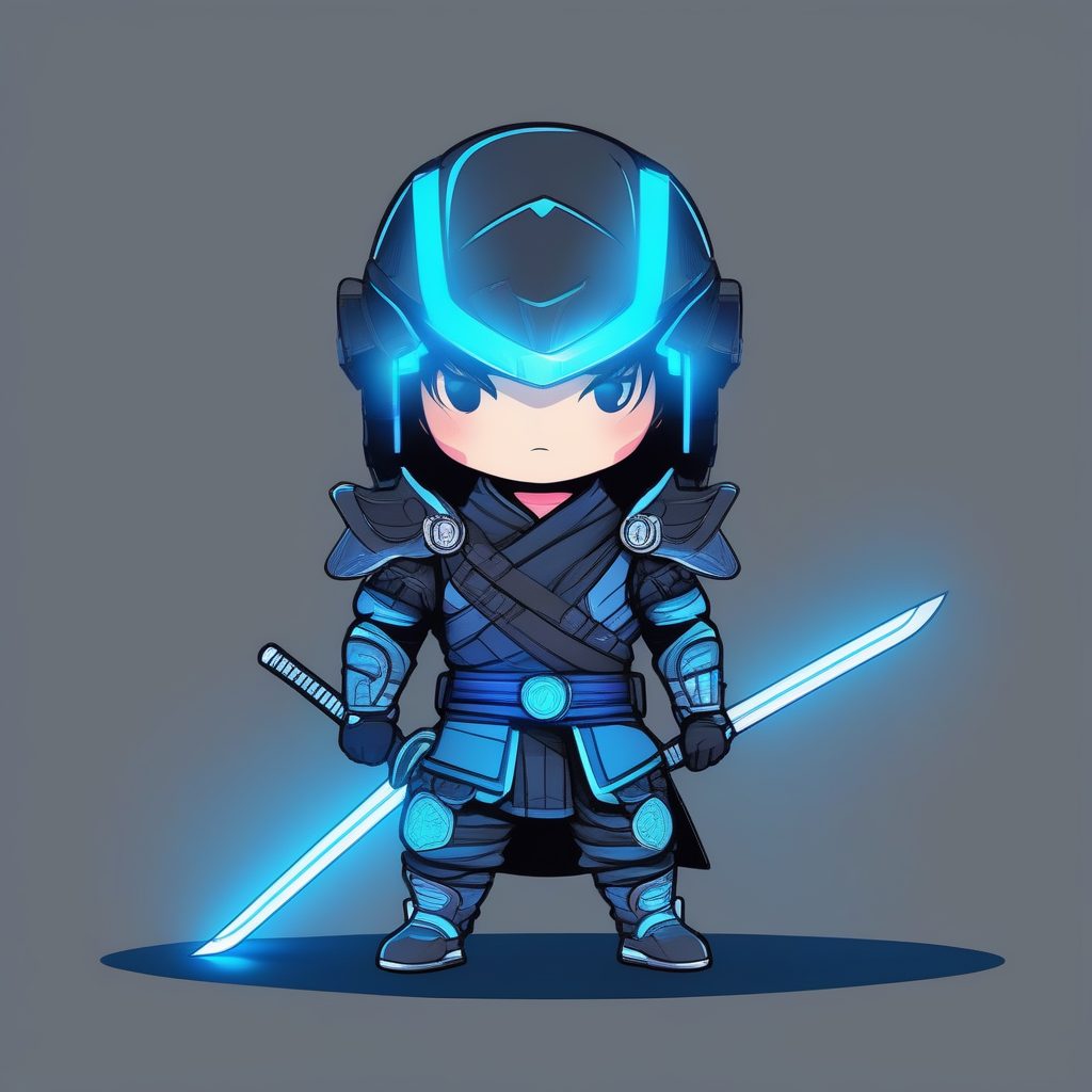 赛博朋克武士Q版男孩2D极简风AI绘画提示词