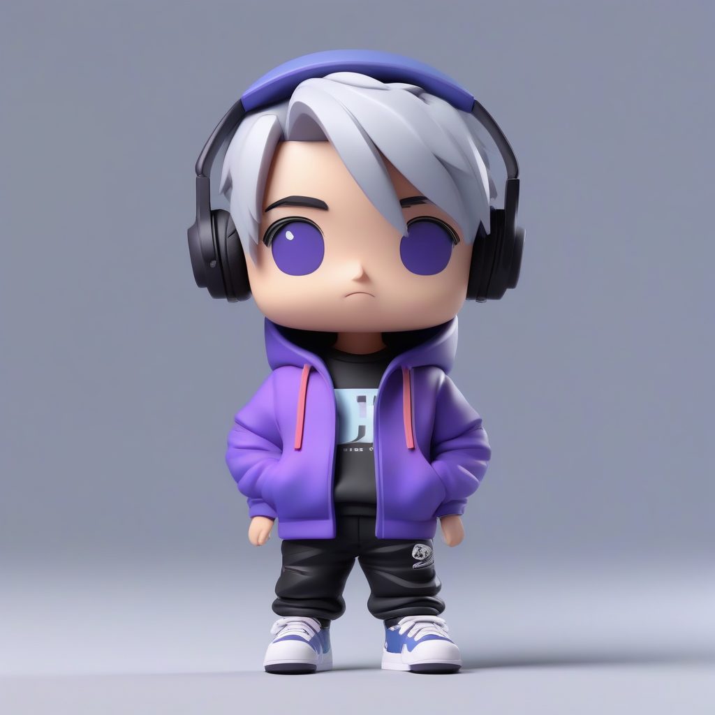 赛博Q版盲盒手办：银发少年街头风3D粘土渲染图