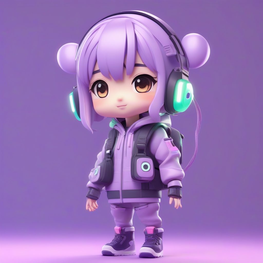 赛博时尚Q版女孩：霓虹灯点缀与科技背带的高清渲染