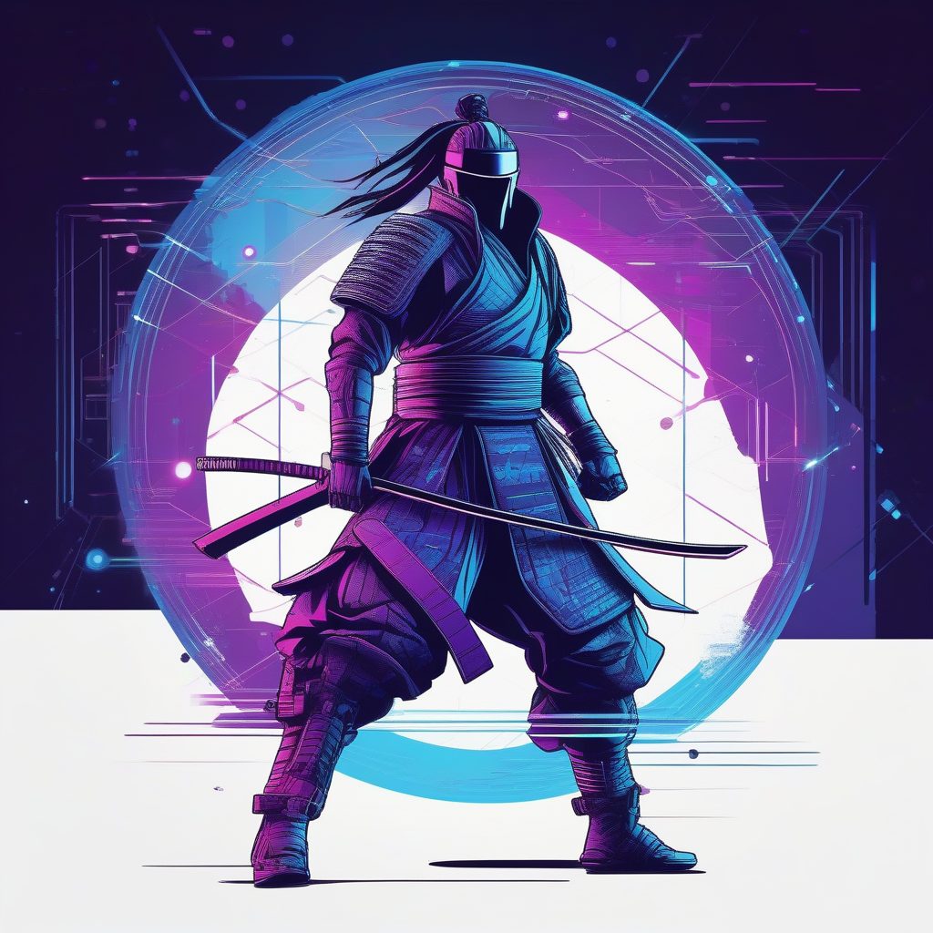 赛博武士：高冲击力几何矢量T恤设计图（白色背景）