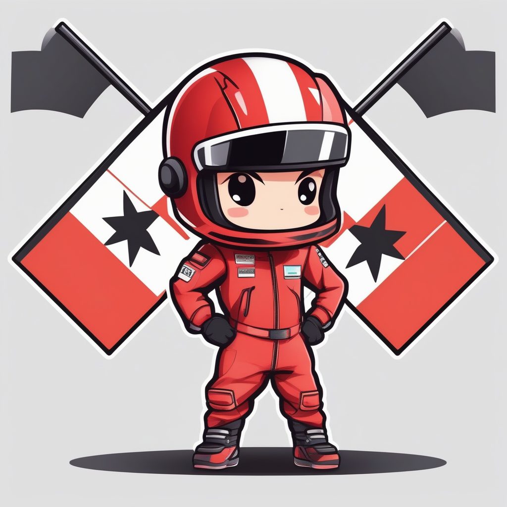 赛车手Q版男孩2D平面设计：红色赛车服、方格旗与黑线描边