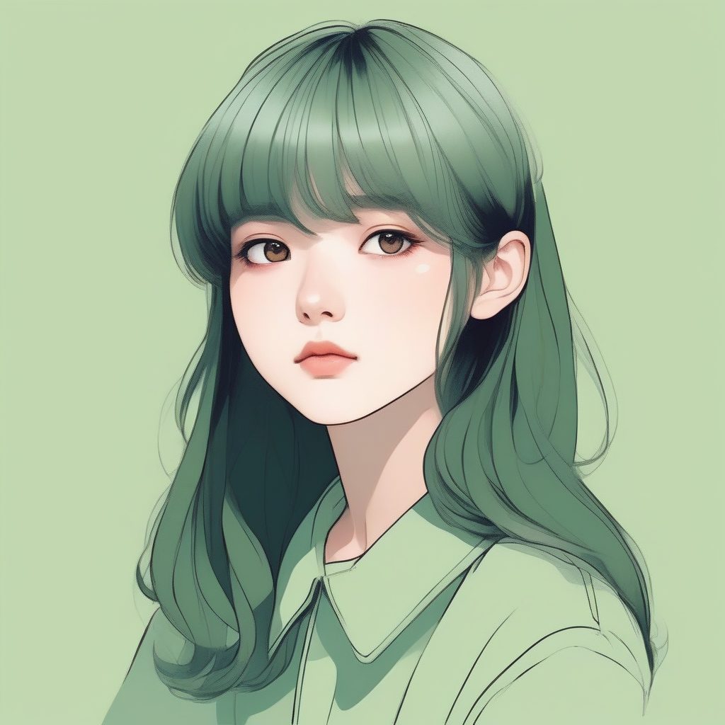 赛璐珞极简风：安静的灰绿调少女正面肖像