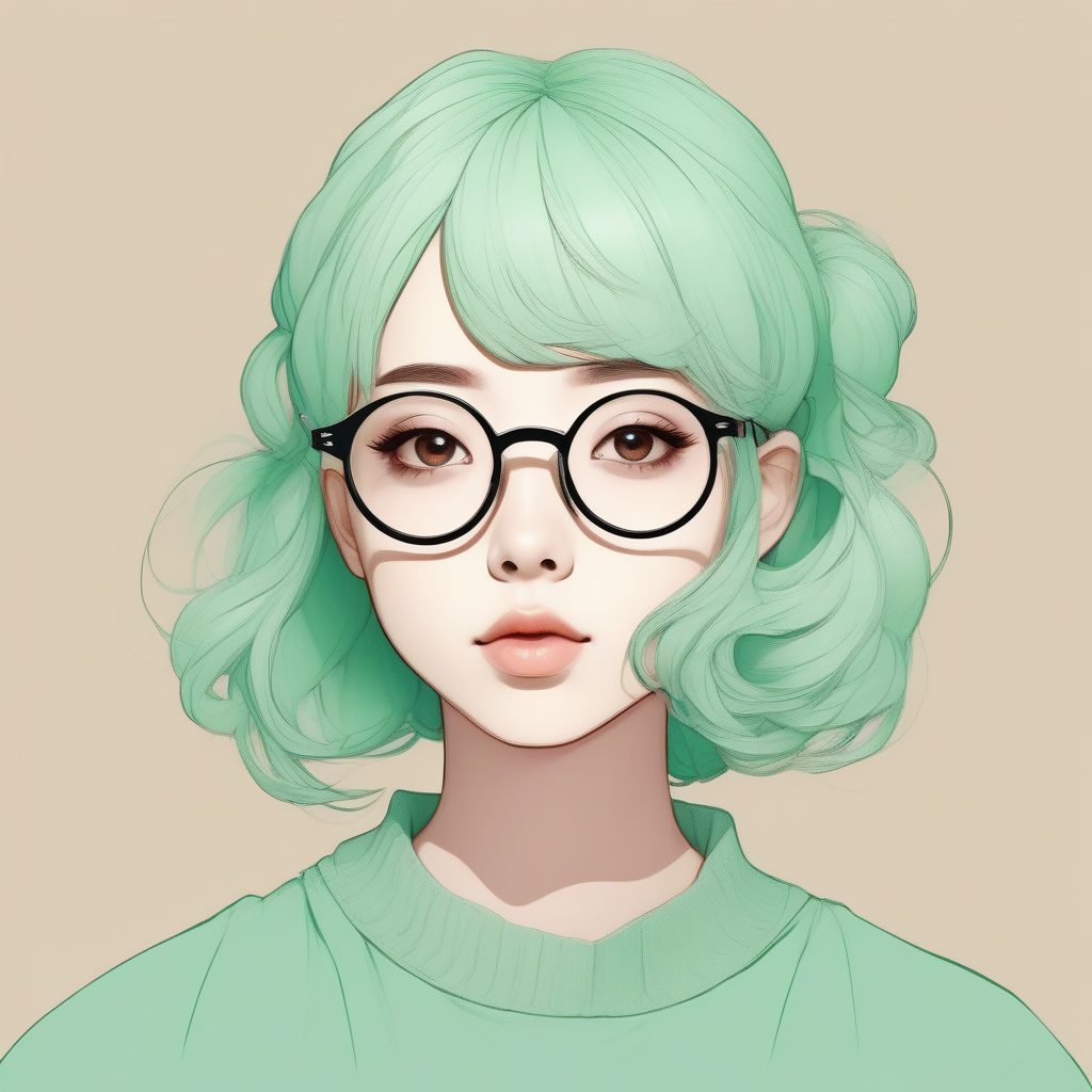 赛璐珞艺术：戴眼镜的马卡龙绿发女孩
