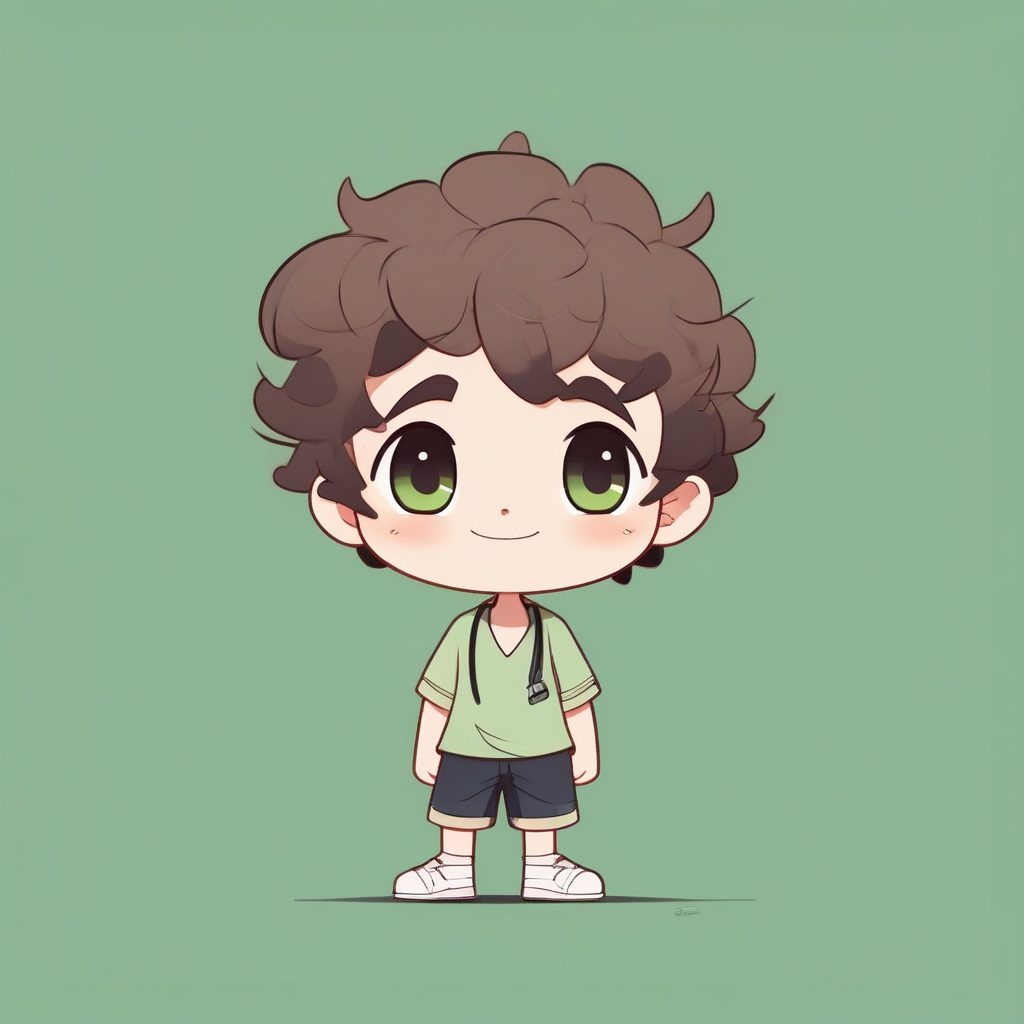 极简动漫Q版卡哇伊卷发男孩绿色背景