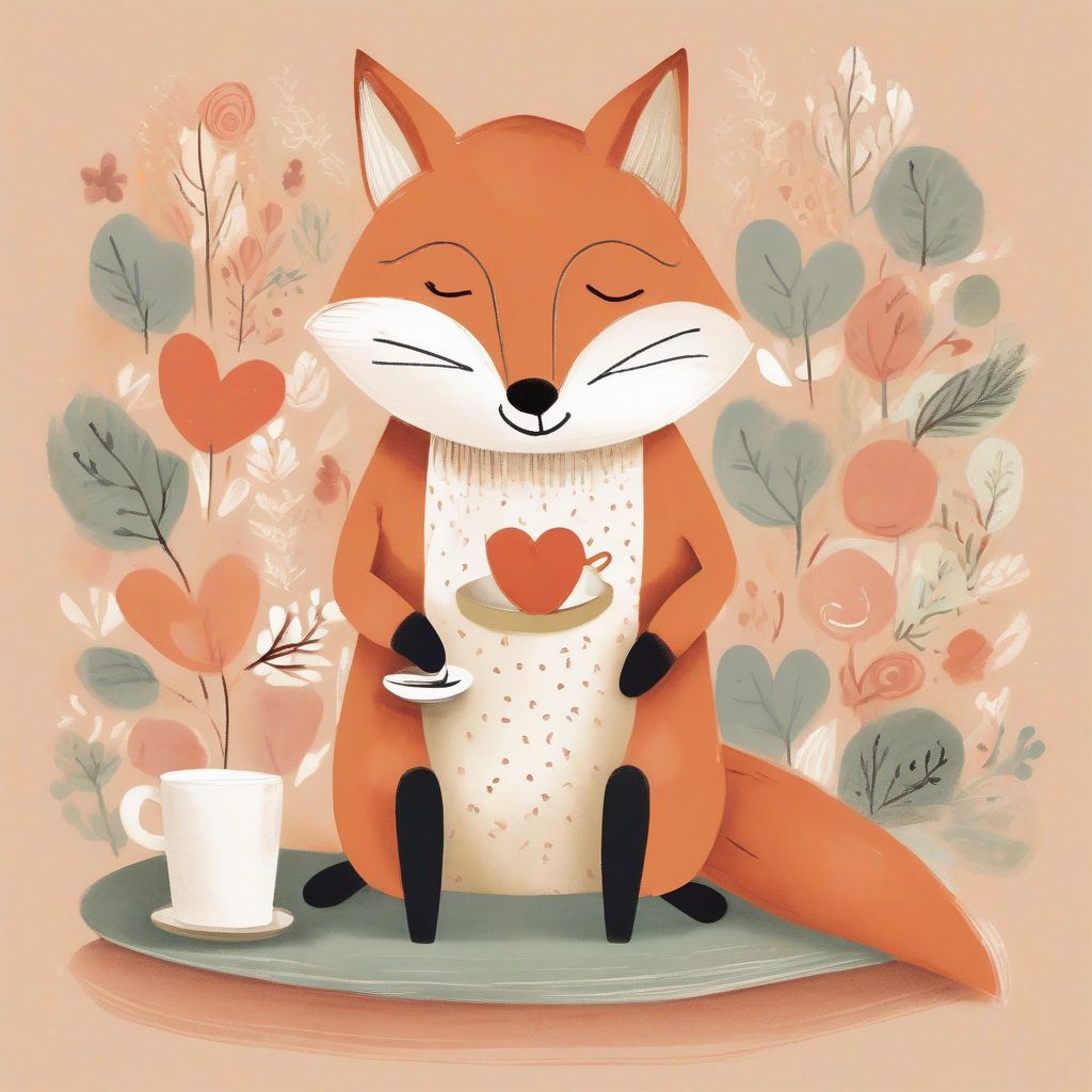 治愈系插画风格的小狐狸在咖啡馆