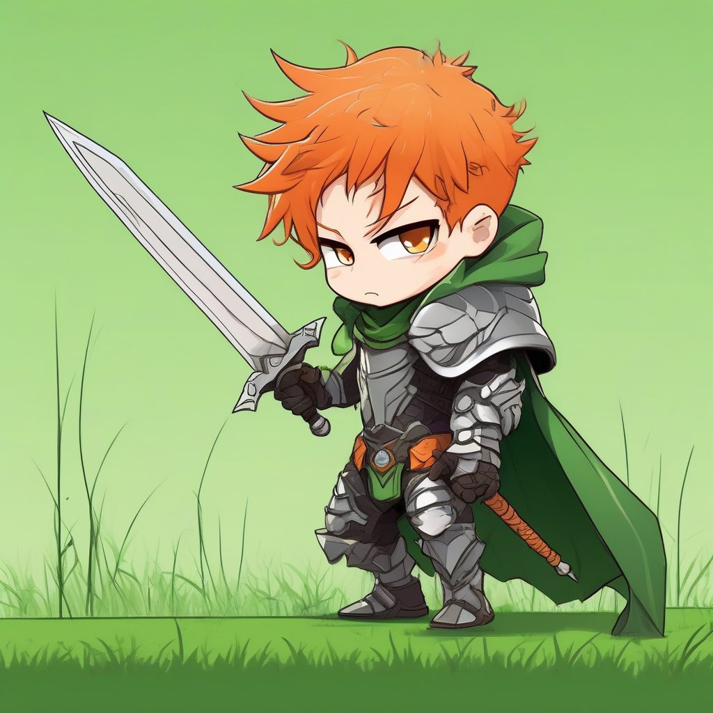 极简平面风Q版怪物猎人男孩AI关键词：橙色尖发与奇幻战甲