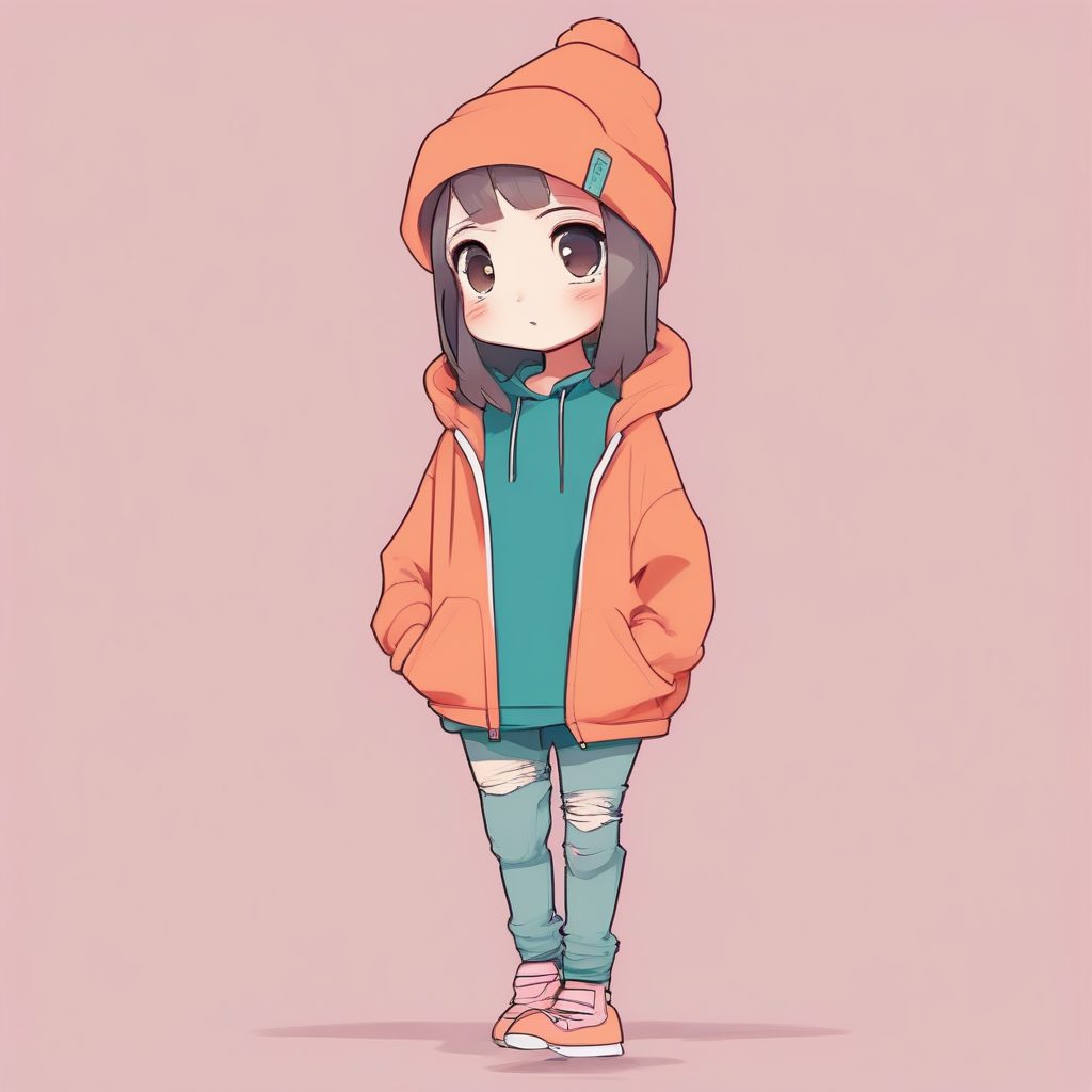 城市滑板手Q版少女2D插画：宽松卫衣、冷色系与平面设计