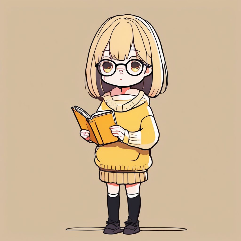 温馨图书馆Q版少女2D插画：毛衣、眼镜与极简暖色调