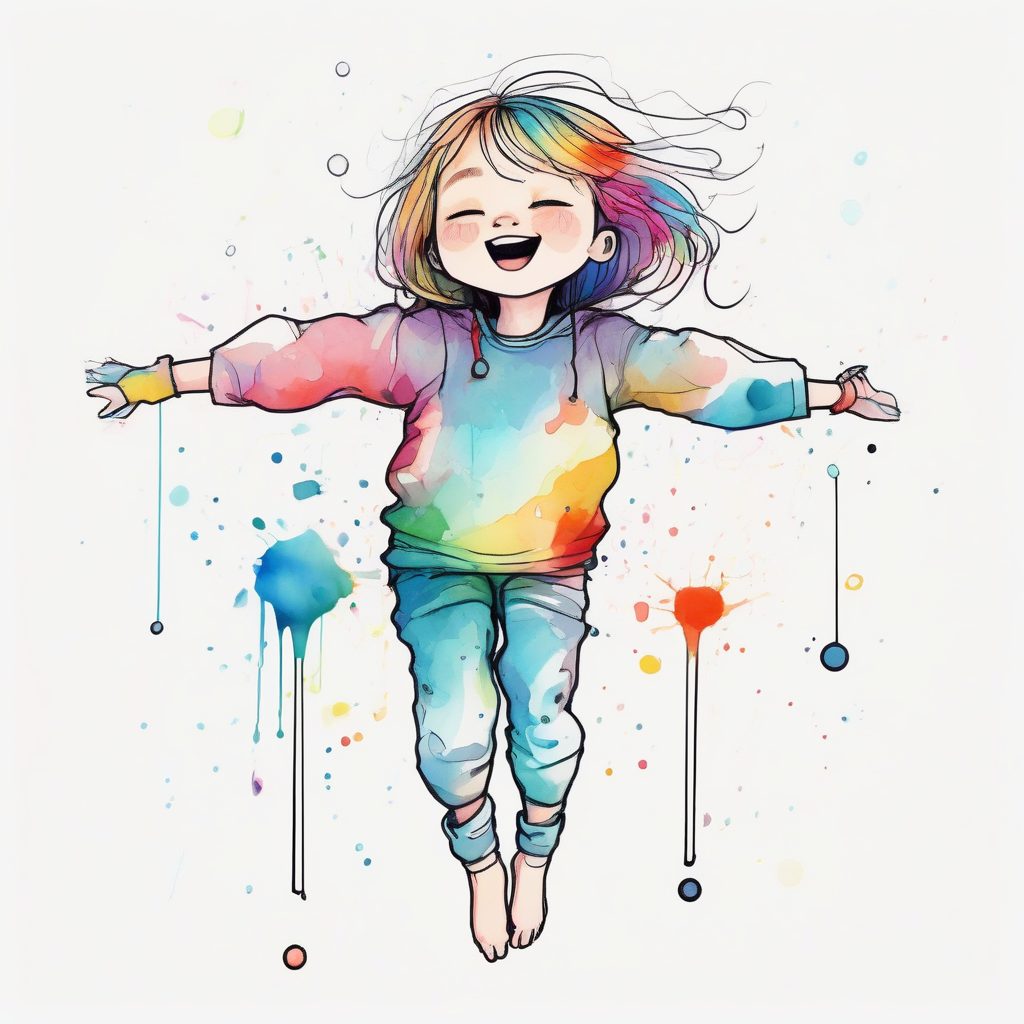 零重力嬉戏：倒挂Q版女孩与反重力彩虹水彩