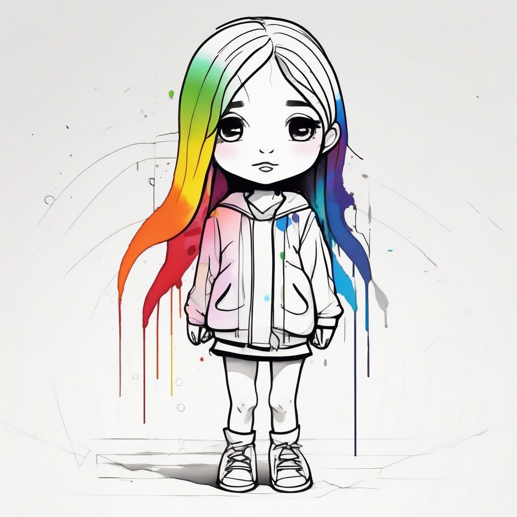 高对比度：黑色线条、Q版女孩与脚下的彩虹水花