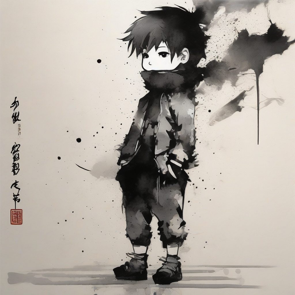泼墨法:动态抽象Q版男孩全身像与深色背景 5 泼墨法:动态抽象Q版男孩全身像与深色背景