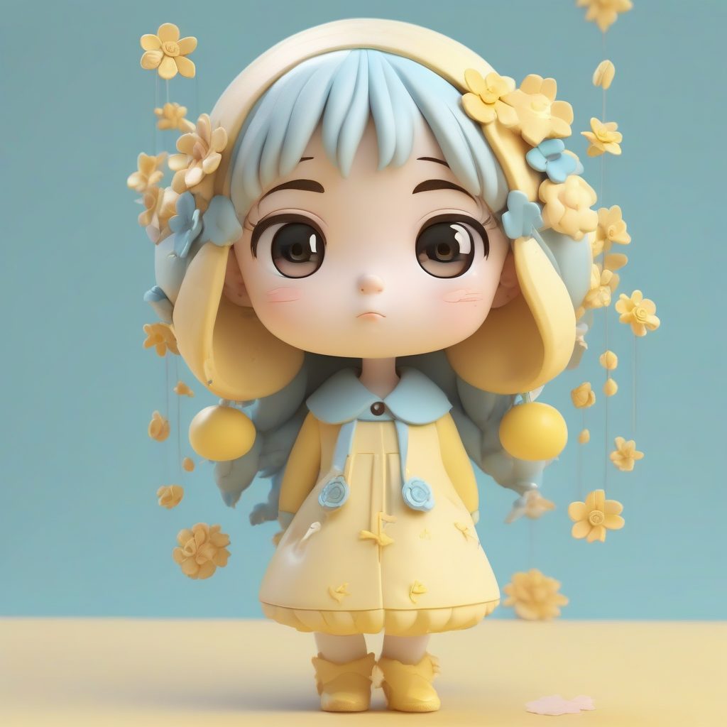 治愈系旋转花朵Q版女孩：简约柔和的淡蓝黄色调