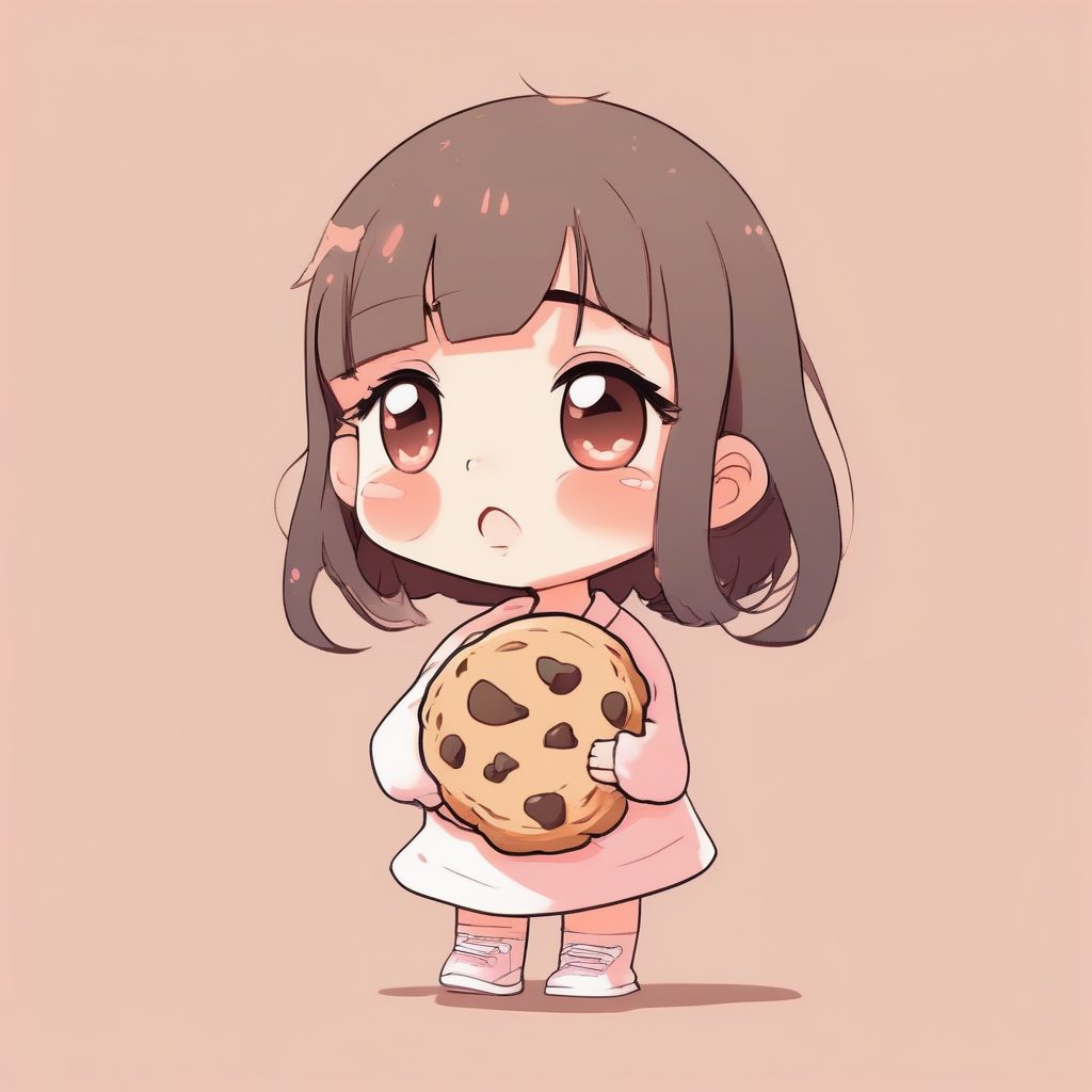 软萌涂鸦：Q版少女大口吃饼干的满足感全身提示词