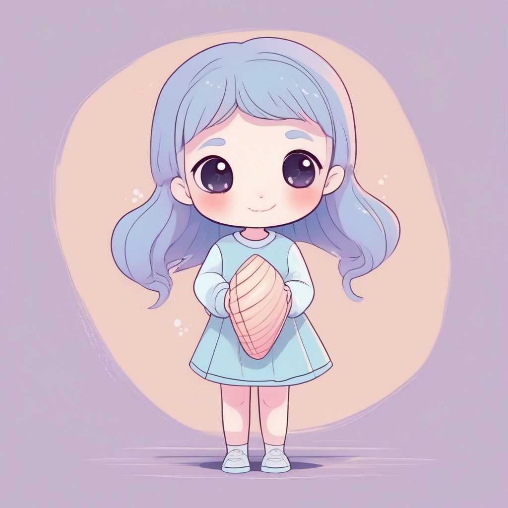海滩小贝壳：Q版少女手捧贝壳，清新淡蓝色提示词