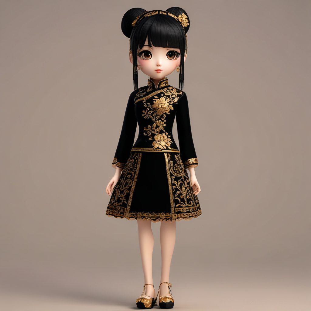 黑金刺绣旗袍：酷飒粘土质感3D少女，C4D光追全身照