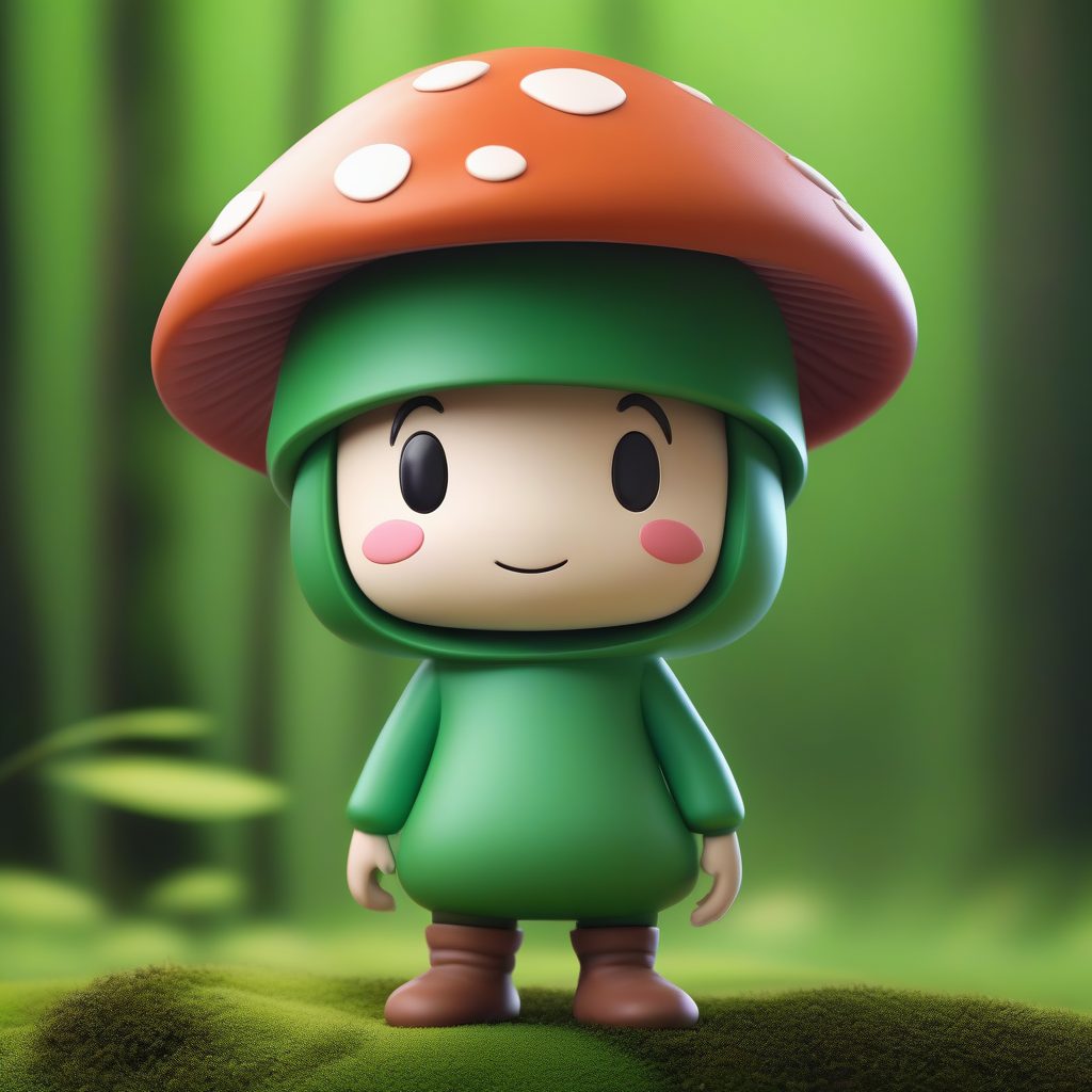 森林蘑菇精灵Q版：害羞躲藏姿态的高光3D全身照