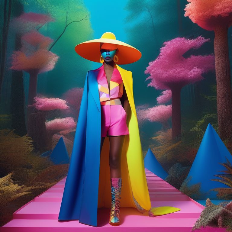 森林中的穿着怪诞时装的超现实人物