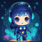 深海发光鱼Q版女孩:高对比度生物荧光数字绘画,深靛蓝纯色背景 3 shen hai fa guang yu q ban nyu hai gao dui bi du sheng wu ying guang shu zi hui hua shen dian lan