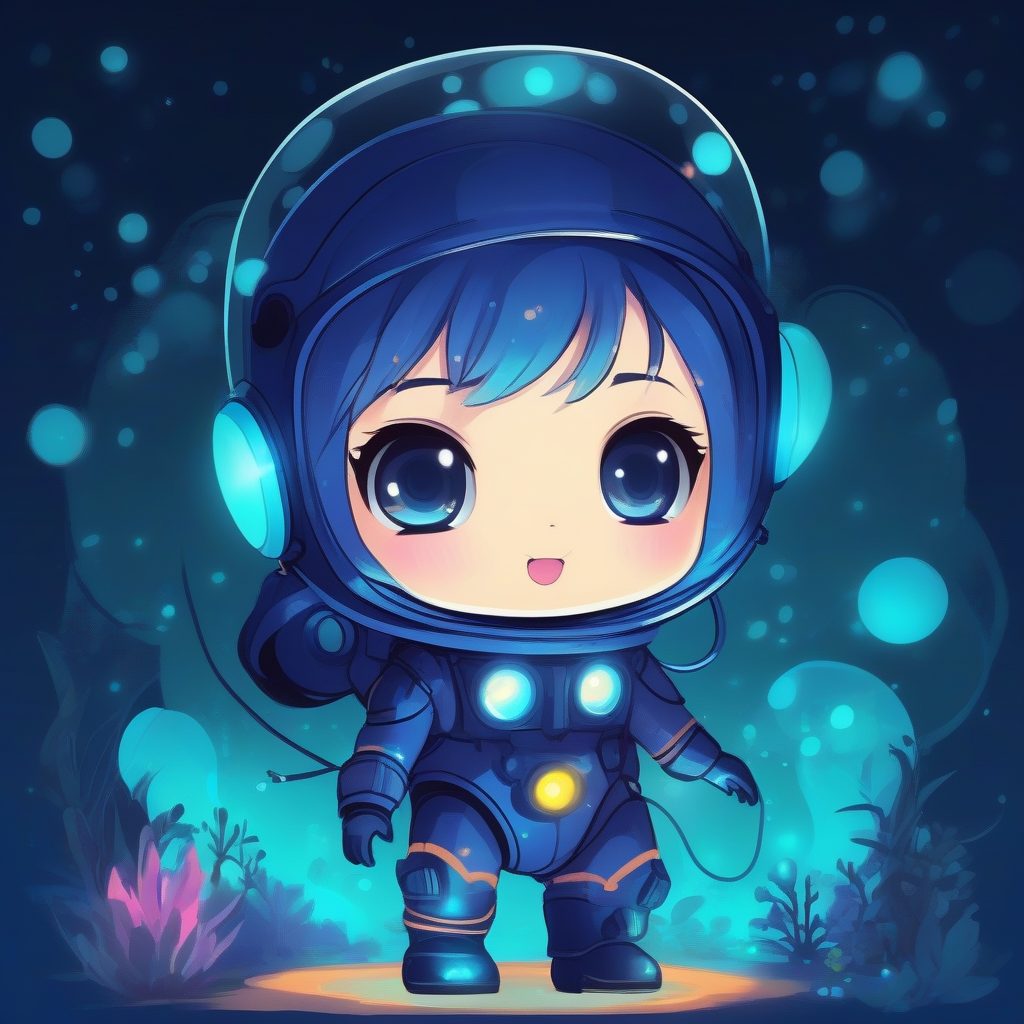 深海发光鱼Q版女孩：高对比度生物荧光数字绘画，深靛蓝纯色背景