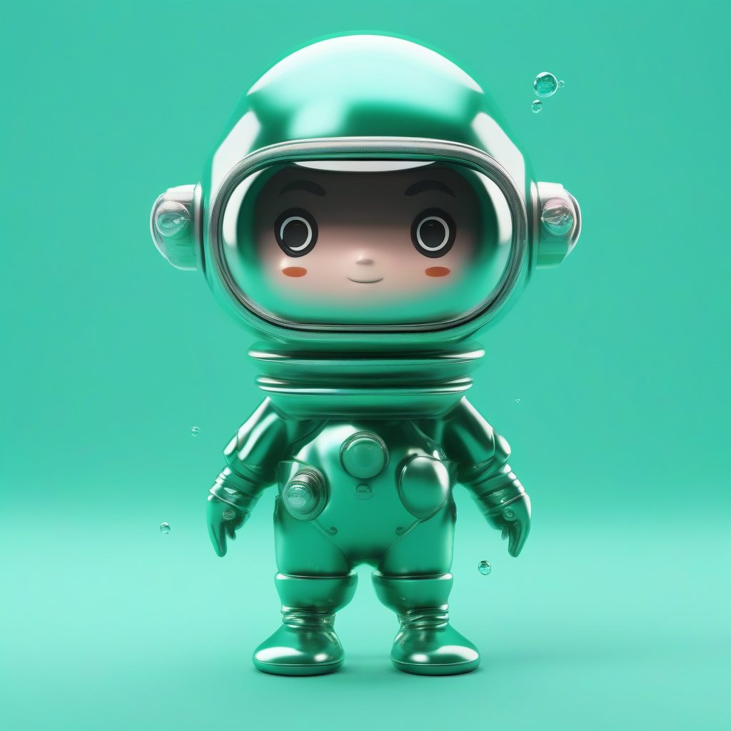 深海潜水员Q版：C4D高光全身站立渲染，干净湖水绿背景提示词