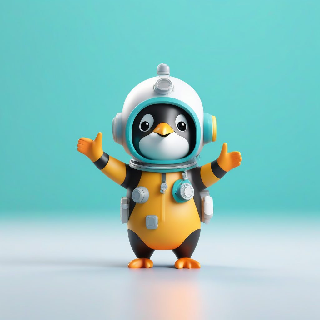 深海潜水员企鹅：Q版盲盒手办3D全身渲染，青色纯色背景