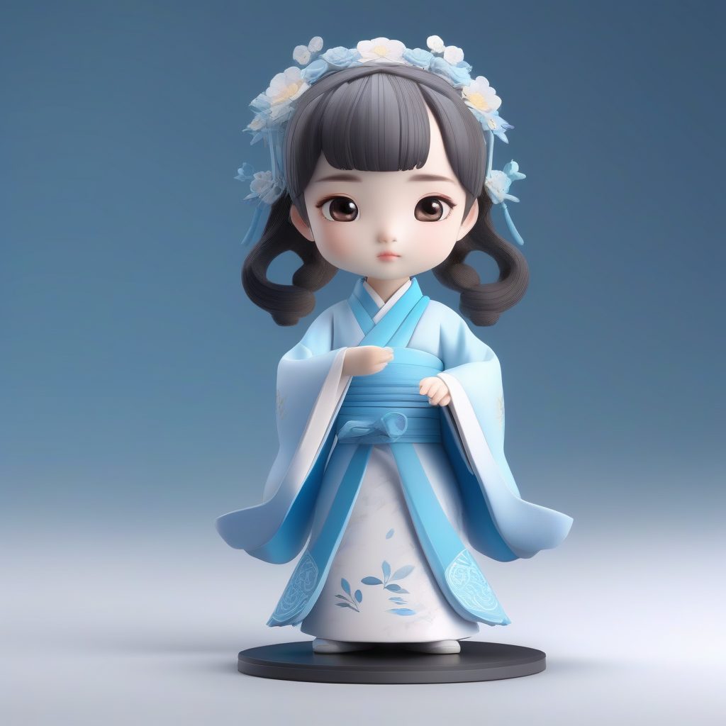 神话仙鹤主题：3D盲盒汉服女孩，马卡龙蓝配色与柔和工作室光